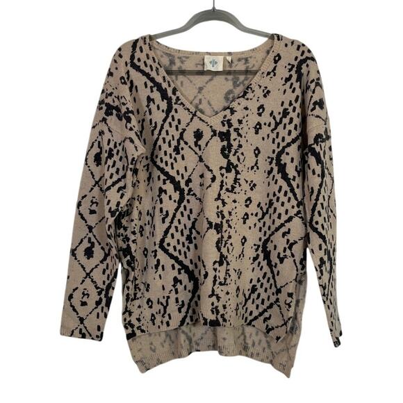Anthropologie HWR Wool Yak Cashmere Snake Python Print V-Neck Sweater Sz Medium - Picture 1 of 7
